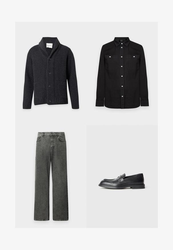 Cardigan en maille côtelée gris foncé avec col châle, quatre boutons noirs sur le devant et deux poches avant.; Chemise noire à manches longues avec col pointu et deux poches poitrine à l'avant, chacune fermée par un bouton blanc.; Jeans en denim noir à jambes larges avec poches avant et arrière, passants de ceinture et fermeture bouton à la taille.; Mocassins en cuir noir avec une finition texturée, dotés d'une bride décorative à l'avant et d'un bout arrondi. Semelle en caoutchouc pour plus de durabilité.