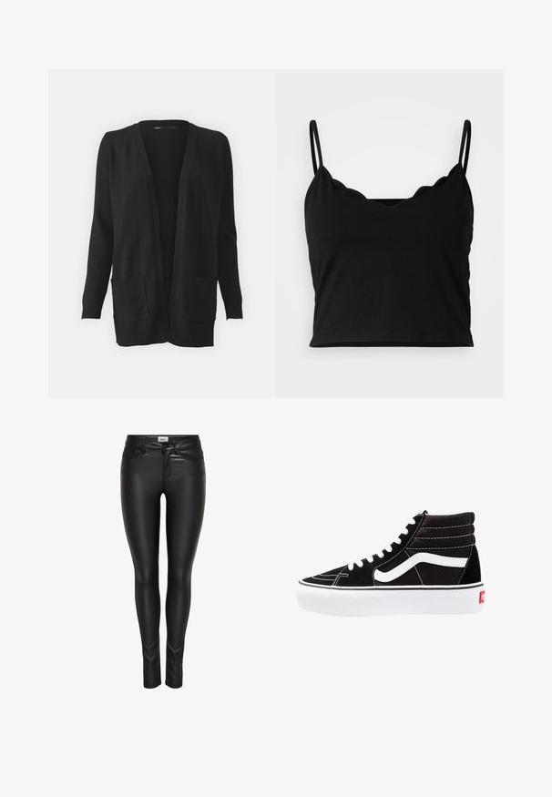 Cárdigan negro con abertura en el frente, mangas largas y dos bolsillos frontales. Está hecho de una tela suave con detalles acanalados en los puños y los bolsillos.; Even&Odd Top - black; Pantalones de imitación de cuero negros de corte ajustado, con cierre de botón en la parte delantera, cremallera y pasadores para cinturón, exhibidos sobre un fondo blanco.; Zapatillas altas negras con cordones blancos, un logo blanco y costuras en blanco que contrastan. Presentan una suela blanca gruesa y una parte superior de ante texturizado.
