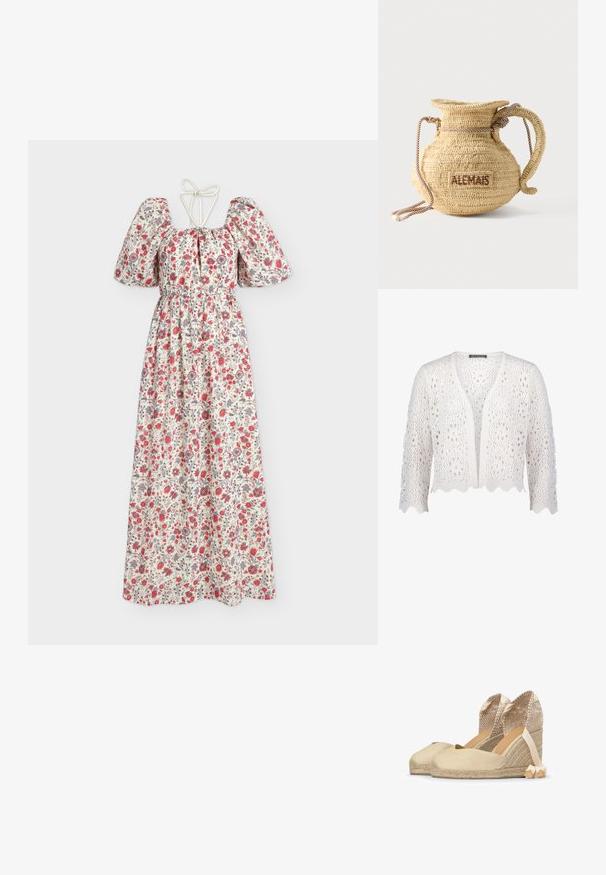 Cardigan en maille crochet blanc avec des bords festonnés et des manches 3/4, présentant un devant ouvert et un motif en dentelle florale.; Robe longue blanche avec manches bouffantes, imprimé floral rouge et violet, taille cintrée et fines bretelles nouées dans le dos.; Espadrilles compensées en toile beige avec talons tissés, liens à la cheville et semelles en jute tressée, posées côte à côte sur fond blanc.; Sac à main rond en paille tissée avec une anse en corde et "ALEMAIS" brodé sur le côté en fil marron.