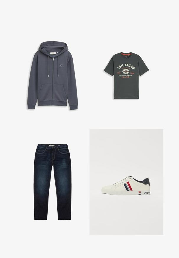 Donkergrijze hoodie met ritssluiting, voorzakken, een capuchon met trekkoord en een klein wit logo op de linkerborst.; Donkergrijs T-shirt met korte mouwen en ronde hals met bedrukt tekst "Tom Tailor Premium Quality Essentials" in wit en rood aan de voorkant.; Donkerblauwe spijkerbroek met een standaard pasvorm, voorzien van een ritssluiting, vijf zakken en contrasterende gele stiksels. Over het algemeen een gladde textuur.; Witte canvas sportschoenen met marineblauwe accenten en rode verticale strepen. Voorzien van een rubberen zool en logo aan de zijkant, gestructureerde voorkant en ronde veters.