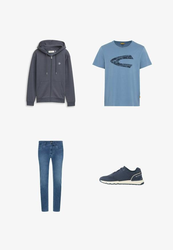 Mørkegrå hættetrøje med lynlås, forlommer, justerbar snørelukning ved hætten og lille hvidt logo på venstre bryst.; Blå kortærmet T-shirt lavet af bomuld, med et mørkt grafisk design i form af et abstrakt "C" på fronten.; Blå denimjeans med slim fit, der har frontlommer, en knaplukning og diskret falmning over benene.; Mørkeblå atletiksko med mesh-overdel, hvid sål, sort ydersål og "Tom Tailor"-logo på hælkappen.