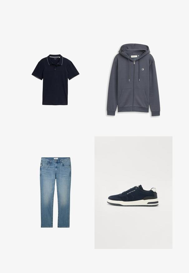 Mørkegrå hættetrøje med lynlås, forlommer, justerbar snørelukning ved hætten og lille hvidt logo på venstre bryst.; Mørkeblå polo shirt lavet af bomuld, med en klassisk krave, tre-knap lukning og kontrasterende lys grå trim på kraven og ærmerne.; Blå denimjeans med lige ben-design, der har fem lommer og en falmet finish. Stoffet har en glat tekstur og let stræk.; Mørkeblå strik-sneakers med hvide og marineblå detaljer, rund tå, polstret sål og snørebåndslukning. Teksturerede sidepaneler synlige.