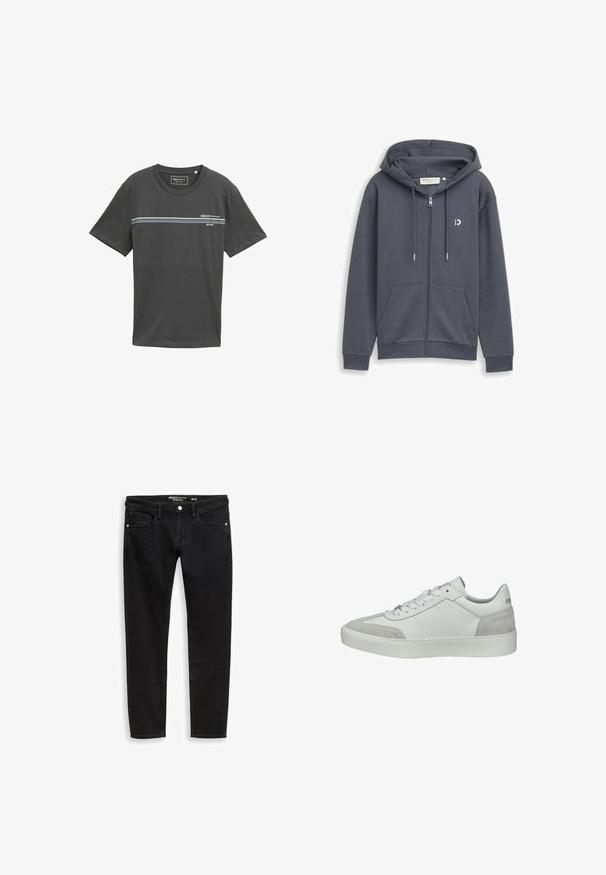Donkergrijze hoodie met ritssluiting, voorzakken, een capuchon met trekkoord en een klein wit logo op de linkerborst.; Grijze katoenen T-shirt met korte mouwen, ronde hals, featuring horizontale strepen in blauw, wit en groen over de borst, met opdruk van het logo.; Zwarte slim-fit denim jeans met knoop aan de voorkant en zakken, plat liggend op een witte achtergrond.; Witte lage sneaker met grijze suède neus- en hielstukken, witte veters en dikke witte zool, zijaanzicht.