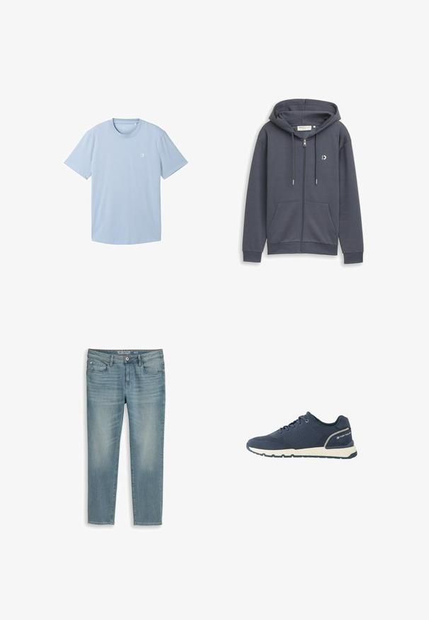 Dunkelgrauer Kapuzenpullover mit Reißverschluss, Fronttaschen, Kordelzugkapuze und kleinem weißen Logo auf der linken Brust.; Hellblaues T-Shirt mit kurzen Ärmeln aus weichem Stoff, mit einem runden Ausschnitt und einem kleinen Logo auf der linken Brustseite. Einfache Textur.; Hellblaue Jeans mit geradem Bein aus Denim, mit Fünf-Taschen-Design, sichtbaren Nähten und einem Verschluss mit Metallknopf.; Marineblauer sportlicher Sneaker mit Mesh-Obermaterial, weißer Sohle, schwarzer Außensohle und "Tom Tailor"-Logo am Fersenbereich.