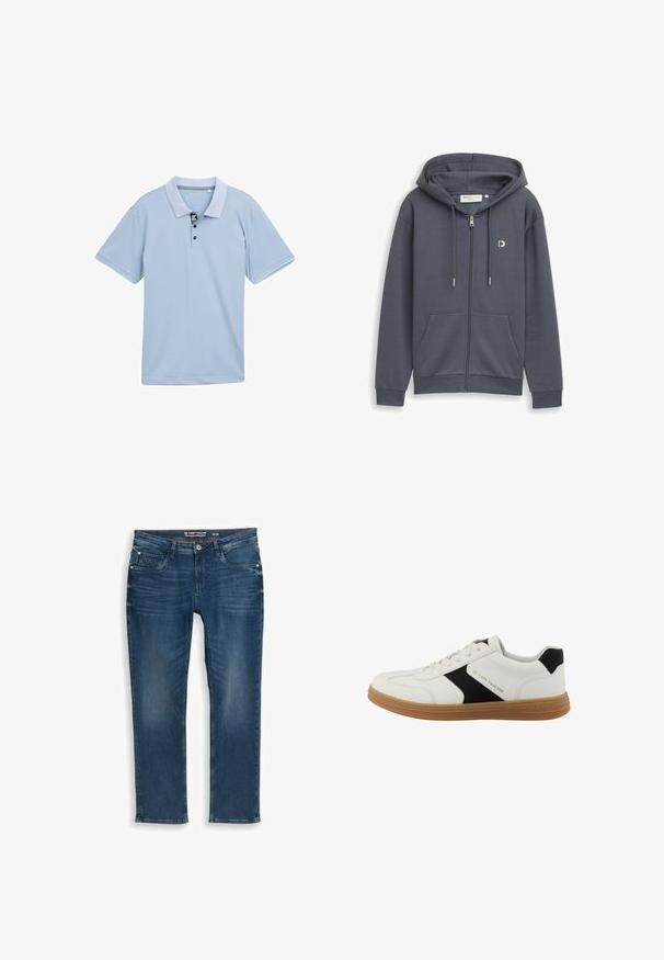 Mørkegrå hættetrøje med lynlås, forlommer, justerbar snørelukning ved hætten og lille hvidt logo på venstre bryst.; Lyseblå polo-shirt med en tofarvet krave, tre-knaps placket og korte ærmer. Fremstillet af glat, åndbart stof.; Mørkeblå jeans med lige ben lavet af denim. Har forlommer og lynlås foran samt diskret falming og syningsdetaljer ved taljebåndet.; Hvid sneakers med sort sideaccent, brun sål, snørebånd og "Tom Tailor"-logo på siden og sålen.