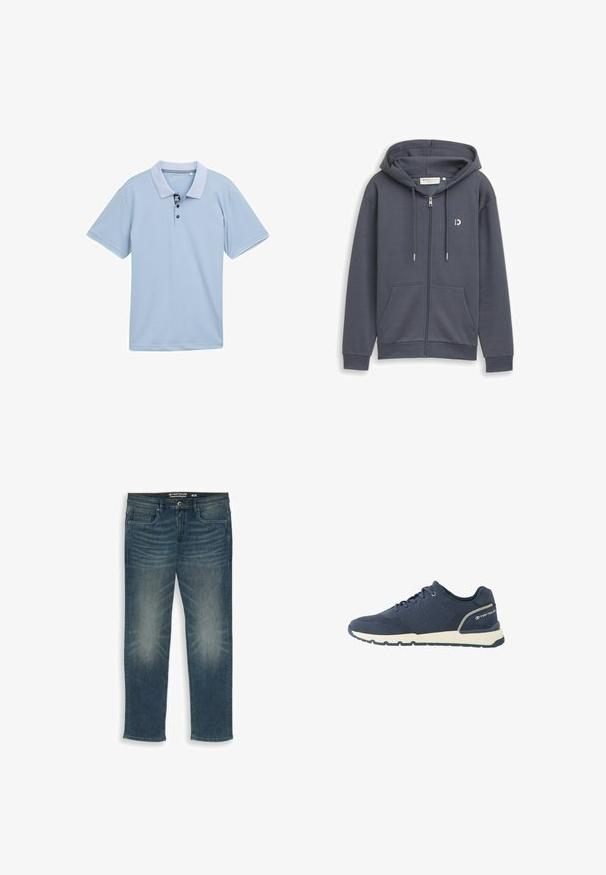 Mørkegrå hættetrøje med lynlås, forlommer, justerbar snørelukning ved hætten og lille hvidt logo på venstre bryst.; Lyseblå polo-shirt med en tofarvet krave, tre-knaps placket og korte ærmer. Fremstillet af glat, åndbart stof.; Lige blå denimjeans med falmede detaljer på lår og knæ, knaplukning foran og fem-lomme design. Størrelse 32/32.; Mørkeblå atletiksko med mesh-overdel, hvid sål, sort ydersål og "Tom Tailor"-logo på hælkappen.