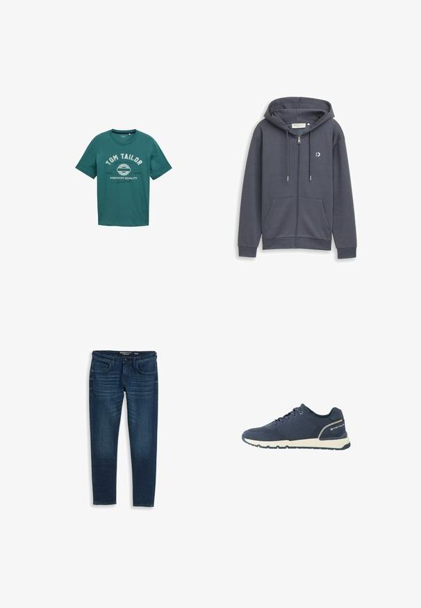 Dunkelgrauer Kapuzenpullover mit Reißverschluss, Fronttaschen, Kordelzugkapuze und kleinem weißen Logo auf der linken Brust.; Türkisfarbiges T-Shirt mit kurzen Ärmeln aus Baumwolle, mit Rundhalsausschnitt und weißem Drucktext "TOM TAILOR" sowie Designdetails auf der Vorderseite.; Schmal geschnittene Jeans aus Denim in Dunkelblau, mit klassischem Fünf-Taschen-Design, dezenten Waschungen auf der Vorderseite und einer glatten Textur.; Marineblauer sportlicher Sneaker mit Mesh-Obermaterial, weißer Sohle, schwarzer Außensohle und "Tom Tailor"-Logo am Fersenbereich.