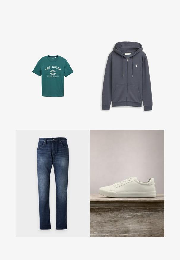 Donkergrijze hoodie met ritssluiting, voorzakken, een capuchon met trekkoord en een klein wit logo op de linkerborst.; Teal kort-sleeve t-shirt van katoen met een ronde halslijn en witte bedrukte tekst "TOM TAILOR" en ontwerpelementen aan de voorkant.; Donkerblauwe denim jeans met een rechte pijpdesign, voorzien van een vervaagde wassing, vijf zakken en zichtbare stiksels langs de naden.; Witte vetersneaker die boven een houten bank zweeft met groene bladeren op de achtergrond, waarbij het ontwerp en de textuur van de schoen worden getoond.