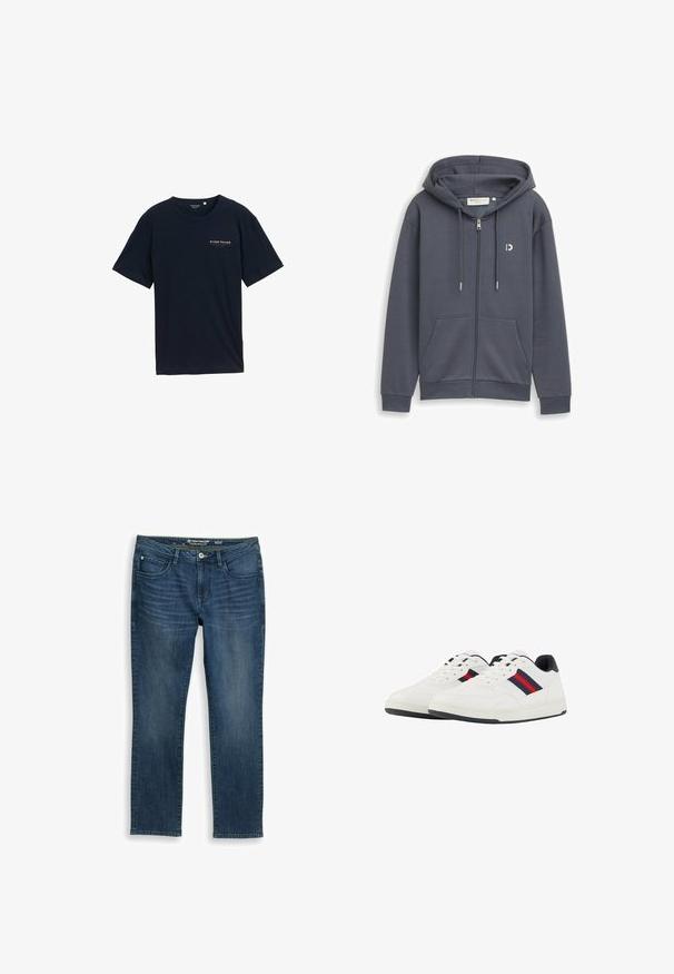Dunkelgrauer Kapuzenpullover mit Reißverschluss, Fronttaschen, Kordelzugkapuze und kleinem weißen Logo auf der linken Brust.; Navyblaue Baumwoll-T-Shirt mit Rundhalsausschnitt und kurzen Ärmeln. Mit einem kleinen roten Textlogo auf der Brust. Reguläre Passform, glatte Textur.; Dunkelblaue Herrenjeans mit Regular Fit, vorderer Knopfleiste und Taschen, Größe 32/32, flach auf einem weißen Hintergrund ausgelegt.; TOM TAILOR Sneaker low - white navy