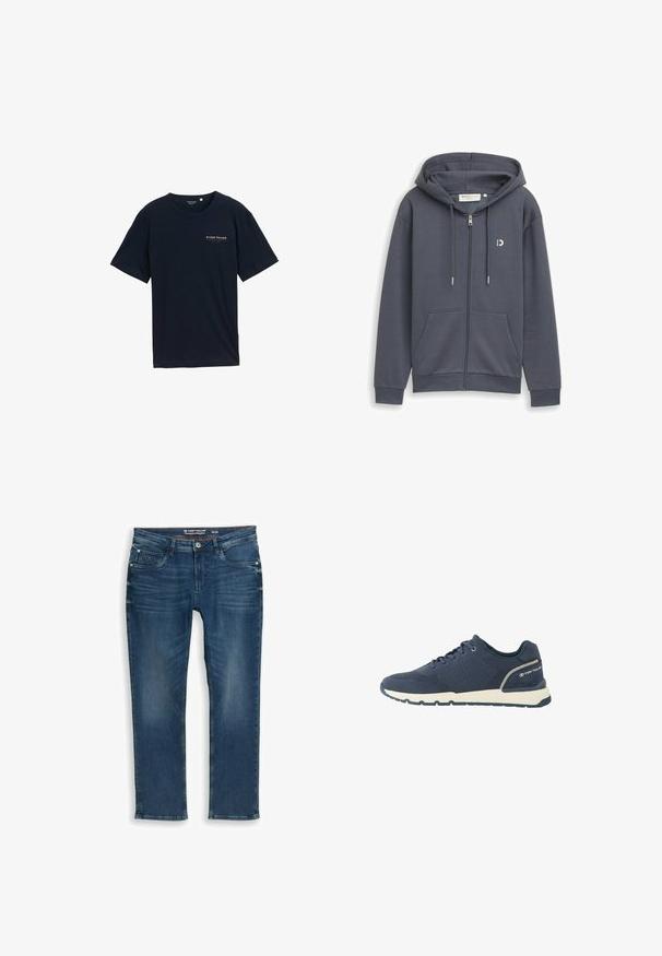 Mørkegrå hættetrøje med lynlås, forlommer, justerbar snørelukning ved hætten og lille hvidt logo på venstre bryst.; Marineblå bomulds T-shirt med rund halsudskæring og korte ærmer. Har et lille rødt tekstlogo ved brystet. Regular fit, glat tekstur.; Mørkeblå jeans med lige ben lavet af denim. Har forlommer og lynlås foran samt diskret falming og syningsdetaljer ved taljebåndet.; Mørkeblå atletiksko med mesh-overdel, hvid sål, sort ydersål og "Tom Tailor"-logo på hælkappen.