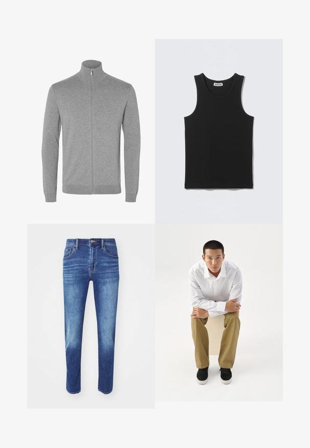 Lysegrå cardigan med lynlås og lange ærmer, høj krave samt ribstrikkede manchetter og kant.; Sort ærmeløs ribbet tanktop med rund halsudskæring og Weekday-mærke på inderkraven bagpå.; Blå denimjeans med lige skæring, fem-lomme design og klassisk knaplukning. Har subtil fading og broderede detaljer.; Ung mand i hvidt stribet skjorte og khakibukser sidder fremadlænet på en skammel med armene krydset, og ser direkte frem på en hvid baggrund.