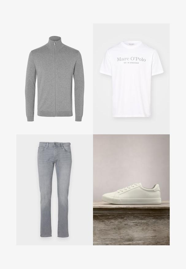 Lysegrå cardigan med lynlås og lange ærmer, høj krave samt ribstrikkede manchetter og kant.; Hvid bomuld t-shirt med rund hals, korte ærmer og grå trykt tekst, der siger "Marc O’Polo EST. I STOCKHOLM."; Grå denim jeans med lige ben, der har en frontknap og lynlås lukning, fem lommer og subtil falming over det hele.; Hvide snørresneakers svævende over en træbænk med grønne planter i baggrunden, der fremhæver skodesign og tekstur.
