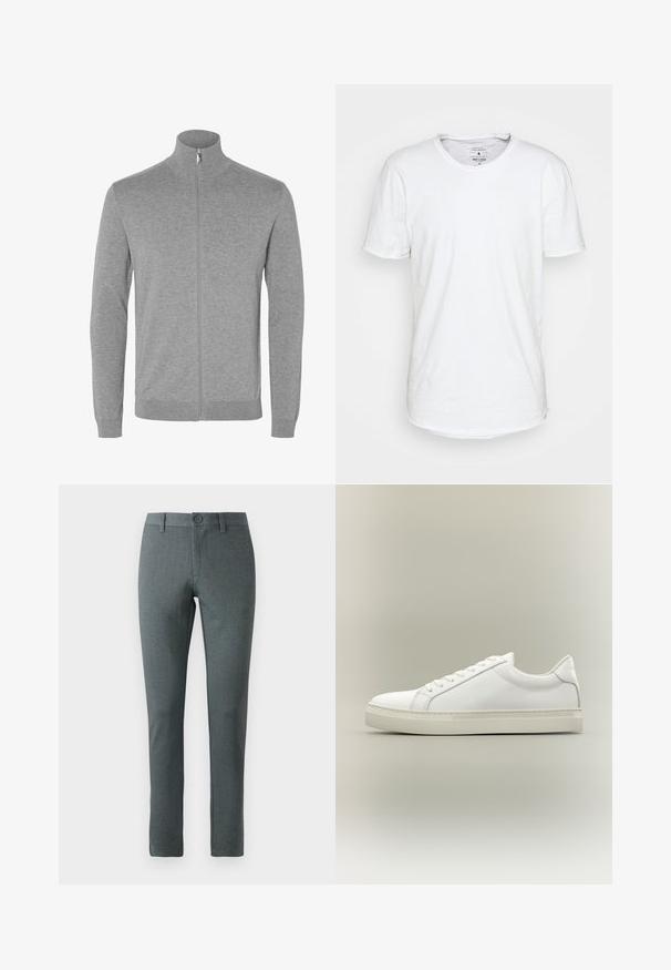 Cardigan gris clair à manches longues avec fermeture éclair, col montant, poignets et base côtelés.; T-shirt blanc à manches courtes en coton avec un col ras du cou classique. Présente un ourlet légèrement incurvé et des détails de couture minimalistes.; Pantalons gris ajustés en tissu texturé, coupe droite, fermeture à bouton, passants de ceinture et design slim.; Baskets blanches basses à lacets sur l’avant et semelle épaisse, vues de côté sur un fond neutre.