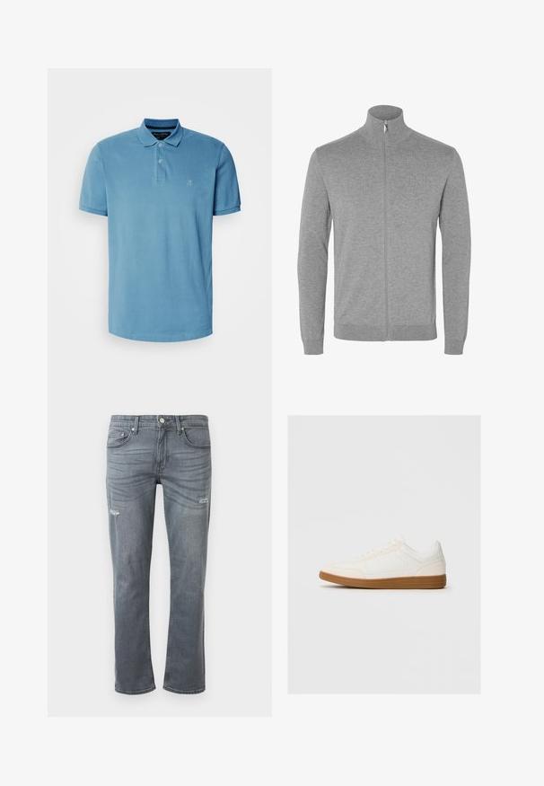 Hellgrauer Strickcardigan mit Reißverschluss, langem Arm, hohem Kragen und gerippten Bündchen sowie Saum.; Helles blaues Poloshirt aus Baumwolle, mit klassischem Kragen, Drei-Knopf-Leiste und kleinem gesticktem Logo auf der Brust.; Graue Denim-Jeans mit geradem Bein, leichtem Distressing an den Knien und klassischem Fünf-Taschen-Design. Knopfverschluss an der Taille.; Weißer Sneaker mit einer Wildleder-Zehenkappe, glattem Synthetik-Obermaterial und einer sandfarbenen Gummisohle. Verfügt über Perforationen an den Seiten für Atmungsaktivität.