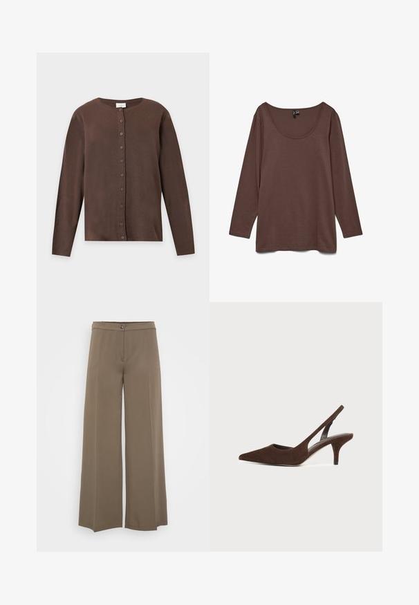 Brauner Langarm-Knopf-Cardigan mit rundem Ausschnitt aus weichem Strickstoff, auf einfachem hellgrauem Hintergrund dargestellt.; Braunes Langarmshirt mit weitem Rundhalsausschnitt, aus weichem Stoff, flach auf einem weißen Hintergrund präsentiert.; Weite Hosen aus einem einfarbigen braunen Stoff, mit einem Knopfverschluss, flachem Vorderteil und glatter Textur, entworfen für eine lockere Passform.; Dunkelbrauner Velours-Slingback-Pumps mit spitzer Kappe und kleinem Absatz auf schlichtem hellem Hintergrund.