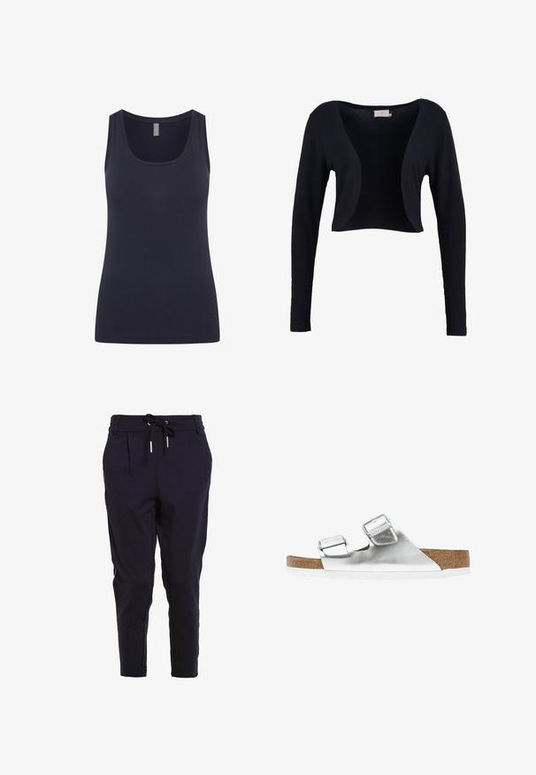 Schwarze, kurz geschnittene Strickjacke mit langen Ärmeln, offenem Design, weichem Stricktextur und klarer, minimalistischer Form. Ohne Verschlüsse oder Muster.; Marineblaue Tank-Top mit rundem Ausschnitt und breiten Tragriemen, aus glattem, dehnbarem Stoff gefertigt. Einfaches Design ohne Muster oder Verzierungen.; ONLY ONLPOPTRASH PIPING PANT - Jogginghose - night sky; Silberne metallische Sandale mit zwei verstellbaren Riemen, Korkfußbett und weißer Sohle. Glatte Oberfläche mit glänzendem Finish.