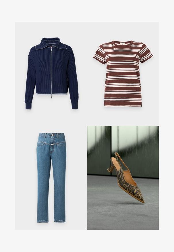 Suéter azul marino acanalado con cremallera, cuello grande, herrajes plateados y ribetes en color claro contrastante en el dobladillo y puños.; Camiseta marrón a rayas con franjas blancas horizontales, mangas cortas y un cuello redondo clásico, hecha de algodón suave.; CLOSED PEDAL PUSHER - Vaqueros boyfriend - mid blue; Zapato pump con estampado de leopardo, tira trasera, puntera puntiaguda y tacón bajo de bloque sobre suelo gris con fondo desenfocado.