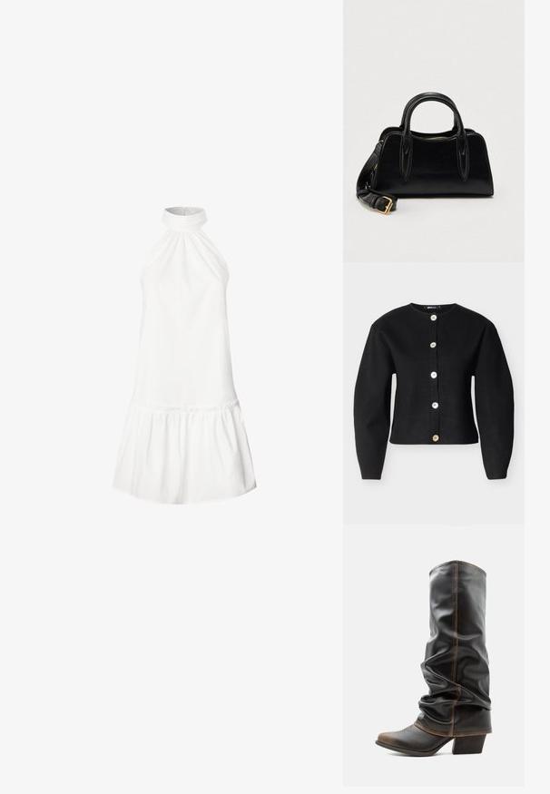 Sort cardigan lavet af strikstof med rund halsudskæring, lange ærmer og seks store, metalliske knapper foran.; Hvid bomulds halterneck kjole med en samlet halskant og en udstrakt volangkant. Glat tekstur, ærmeløs design og knælang silhuet.; Høj sort læder slouchy støvle med brune accenter, spids tå og stabelhæle mod en ensfarvet hvid baggrund.; Sort læderhåndtaske med dobbelt håndtag og aftagelig skulderrem med guldlås, sat mod en ensfarvet hvid baggrund.