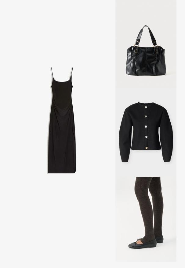 Cardigan noir en tissu tricoté, avec un col arrondi, des manches longues et six gros boutons métalliques sur le devant.; Robe maxi noire sans manches avec fines bretelles, côtés froncés et encolure carrée sur fond blanc.; Jambes portant des leggings côtelés foncés associés à des ballerines noires avec de petits détails en nœud sur fond blanc.; Sac à épaule en cuir noir avec double anses attachées par des anneaux et rivets dorés, surface lisse et légèrement brillante, design simple.