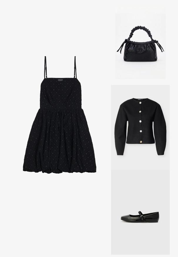 Sort cardigan lavet af strikstof med rund halsudskæring, lange ærmer og seks store, metalliske knapper foran.; Even&Odd by Zalando Cocktailkjole / festkjole - black; Sorte læder balletflade med rund tå, flad sål og en tynd justerbar rem over svangen med en metalspænde.; Sort taske med krokodilletekstur, rynket øverste kant, samlet hank og snore med kvaster på hver side mod en hvid baggrund.