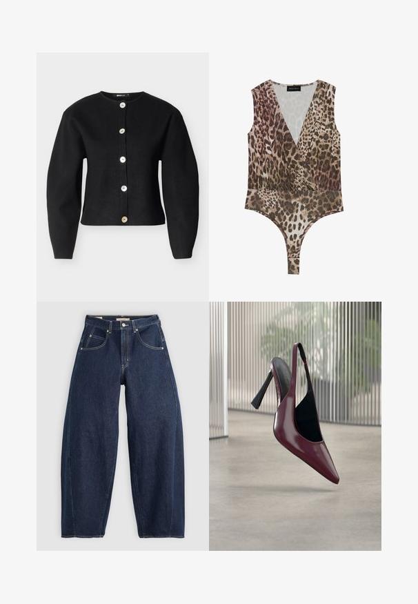 Sort cardigan lavet af strikstof med rund halsudskæring, lange ærmer og seks store, metalliske knapper foran.; Leopardmønstret bodysuit med dyb V-hals, ærmeløst design, sammensamlet talje og højskåret bund i nuancer af brun og beige.; Mørkeblå denim jeans med løs pasform, lyse syninger, fem lommer og en knaplukning ved taljen.; Blank mørkerød slingback med høj hæl, spids tå og sort inderfor, svævende over en glat betongulv indendørs.