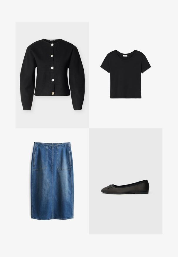 Cardigan noir en tissu tricoté, avec un col arrondi, des manches longues et six gros boutons métalliques sur le devant.; T-shirt en coton noir avec un col rond, des manches courtes et un ourlet droit. Texture douce avec des coutures minimales et une petite étiquette de marque à l'intérieur.; Jupe en denim avec une silhouette droite, présentant un délavage bleu moyen, deux grandes poches avant et des coutures visibles le long des coutures.; Ballerines noires avec une finition mate lisse, un bout arrondi et un nœud décoratif à l'avant. Elles présentent un talon bas et plat.