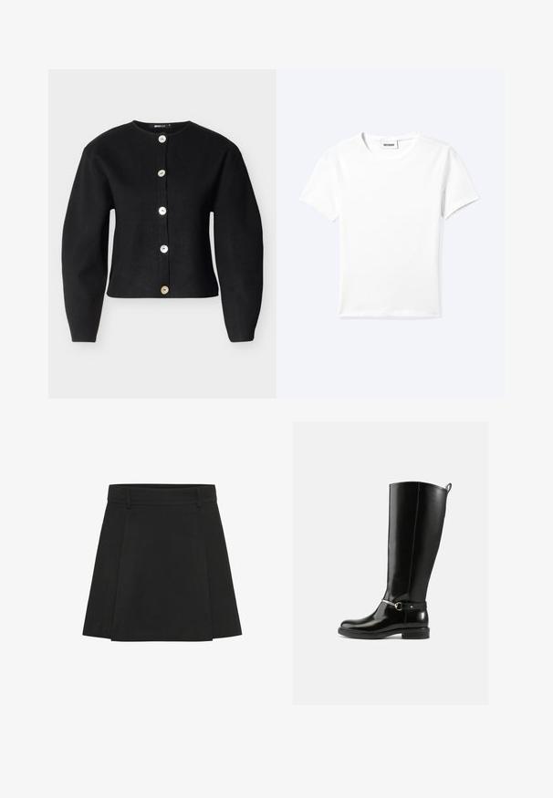 Sort cardigan lavet af strikstof med rund halsudskæring, lange ærmer og seks store, metalliske knapper foran.; Ensfarvet hvid t-shirt med korte ærmer og rund halsudskæring med en lille "WEEKDAY" label indeni halskanten, vist fladt på en lys baggrund.; Sort plisseret nederdel med en struktureret talje. Lavet af et tekstureret stof, den har tydelige folder og en lige kant.; Sorte knæhøje støvler lavet af blankt læder med en sølvfarvet spænde ved anklen og rundet snude. Flad sål.