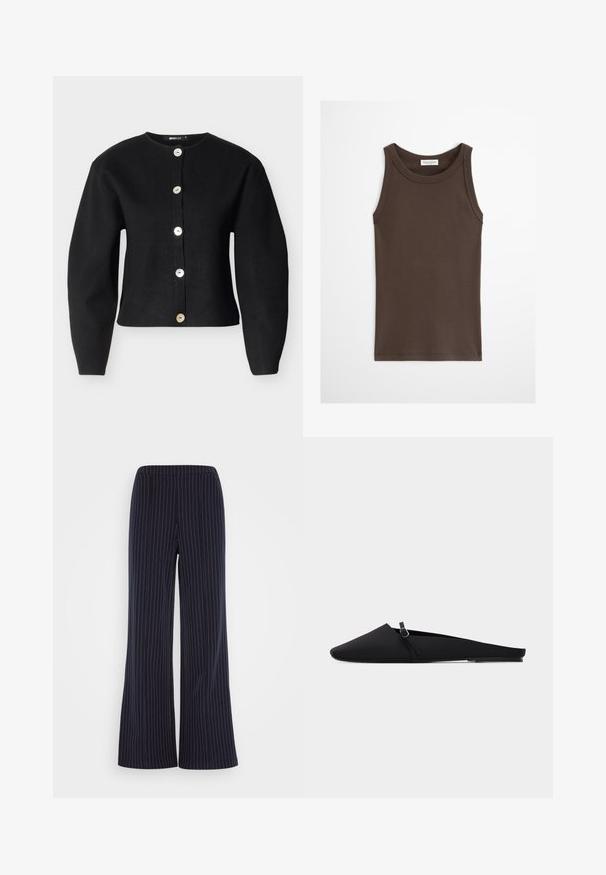 Sort cardigan lavet af strikstof med rund halsudskæring, lange ærmer og seks store, metalliske knapper foran.; Mørkebrun ærmeløs tætsiddende tanktop med rund halsudskæring, vist mod en ensfarvet lys baggrund.; Marineblå vide bukser med lodrette hvide striber, elastisk talje og blød stofstruktur, som giver en afslappet pasform.; Sort flad sandal med spids tå, tynd rem og sølvspænde, glat materiale og lav hæl mod hvid baggrund.