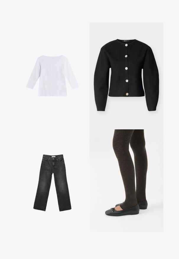 Sort cardigan lavet af strikstof med rund halsudskæring, lange ærmer og seks store, metalliske knapper foran.; Hvid langærmet skjorte med bådudskæring, lavet af blødt stof, vist på en ensfarvet hvid baggrund.; Sorte denimjeans med brede ben, for- og baglommer, knaplukning og bæltestropper, lagt fladt på en hvid baggrund.; Ben iført mørke ribbede leggings kombineret med sorte balletsko med små sløjfedetaljer på hvid baggrund.