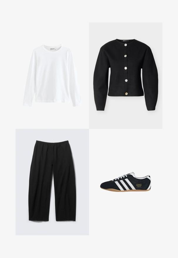 Sort cardigan lavet af strikstof med rund halsudskæring, lange ærmer og seks store, metalliske knapper foran.; Hvid langærmet T-shirt lavet af bomuld med rund hals og enkelt design, med en jævn tekstur og ingen synlige mønstre eller accenter.; Løse sorte bukser med elastisk taljebånd og lige, vide ben, vist fladt mod en lys baggrund.; Sort ruskinds sneaker med hvide tre striber, guldlogo og en brun gummisål. Har et lavprofil snørebåndsdesign.