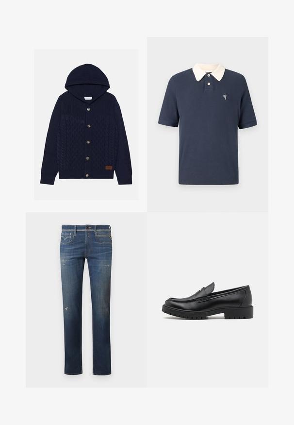 Mørkeblå strikjakke med hætte, med kabelstrikdesign, store knapper og en tekstureret overflade. Læderlogo-patch på den nederste side.; Mørkeblå poloshirt med cremefarvet krave, korte ærmer, ribstrikket tekstur, tre-knaps lukning og lille broderet hjerte på brystet.; Mørkeblå denim jeans med lige ben, med slidte områder, subtile falmninger og traditionelt fem-lommes design med knaplukning.; Sorte læder loafers med rund tå, slip-on design og tyk gummisål med tekstureret greb. Forhøjet hæl og subtile syninger.