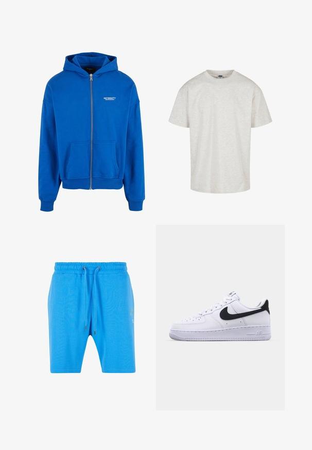 Blauwe zip-up hoodie van zachte stof, voorzien van een kangoeroezak en ribgebreide manchetten. Witte logo-tekst op de borst voegt detail toe.; Lichtgrijze katoenen T-shirt met korte mouwen, een ronde hals en een relaxte pasvorm. Geweven stof met een subtiel gemêleerd patroon.; Blauwe katoenen shorts met een elastische tailleband, een trekkoordsluiting en subtiele grafische details aan de zijkant. Gladde textuur en ontspannen pasvorm.; Witte leren sneaker met een gestructureerde zwarte Swoosh, platte veters en een rubberen zool met een geribbeld patroon. "AIR" is in de hak geperst.