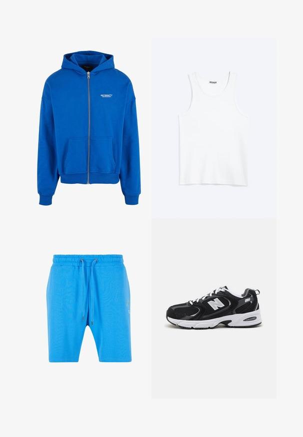 Blå zip-up hoodie lavet af blødt stof har en kengurulomme og ribbede ærmer. Hvid logo tekst på brystet tilføjer detalje.; Hvid ærmeløs tanktop med rund halsudskæring og Weekday-mærke på den indvendige baghals, vist fladt på lys baggrund.; Blå bomuldsshorts med elastisk talje, snorelukning og diskret grafikdetalje på siden. Glat tekstur og afslappet pasform.; Sorte og grå sportssko med mesh og ruskind på overdelen, der har en hvid mellemsål, snørebånd og et iøjnefaldende "N" logo på siden.