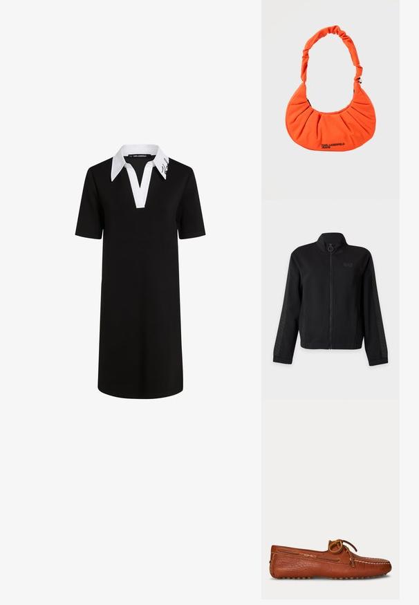 Zwarte jas met ritssluiting, hoge kraag, lange mouwen met subtiele patroonstrepen en een klein "EA7 Emporio Armani" logo op de borst.; Zwarte polo jurk met korte mouwen en een witte kraag, V-hals en Karl Lagerfeld handtekeningdetail op de kraag. Gemaakt van zacht materiaal.; Bruine leren mocassin met gestikte details en een gestrikte veter op een effen lichte achtergrond, gezien van opzij.; Fel oranje, halvemaanvormige handtas met geplooide stof en gevoerde riem, met "Karl Lagerfeld Jeans" logo aan de voorkant.