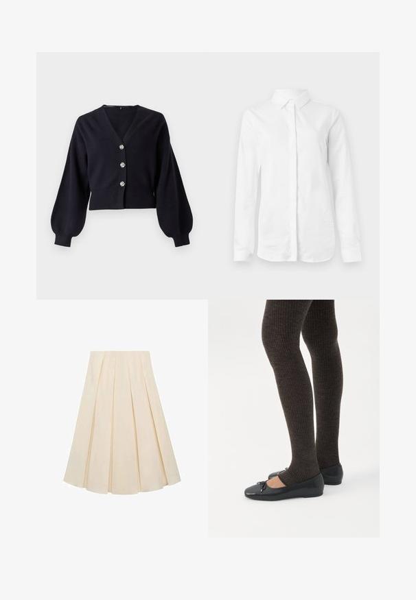 Cardigan noir court avec des manches ballon et trois boutons décoratifs en argent sur le devant, sur fond blanc.; Chemise blanche à manches longues en coton lisse. Présente un col classique et un devant à boutons avec un ourlet droit et sans motifs.; Jupe plissée en tissu couleur crème ; elle présente une texture douce, un design mi-long et des plis symétriques s'étendant de la taille jusqu'à l'ourlet.; Jambes portant des leggings côtelés foncés associés à des ballerines noires avec de petits détails en nœud sur fond blanc.