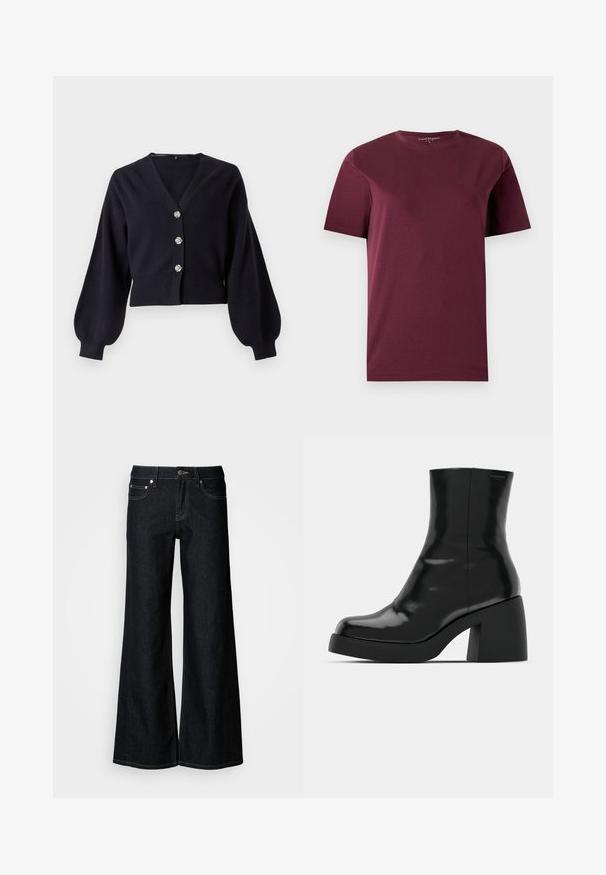Cardigan noir court avec des manches ballon et trois boutons décoratifs en argent sur le devant, sur fond blanc.; T-shirt bordeaux uni à manches courtes et col rond, présenté à plat sur un fond clair.; Jean en denim foncé à jambes larges avec une taille haute, un design à cinq poches et une couture contrastée jaune le long des coutures.; Bottines noires à finition brillante, bout carré et épais talon bloc. Le design présente une silhouette homogène et un branding minimal.