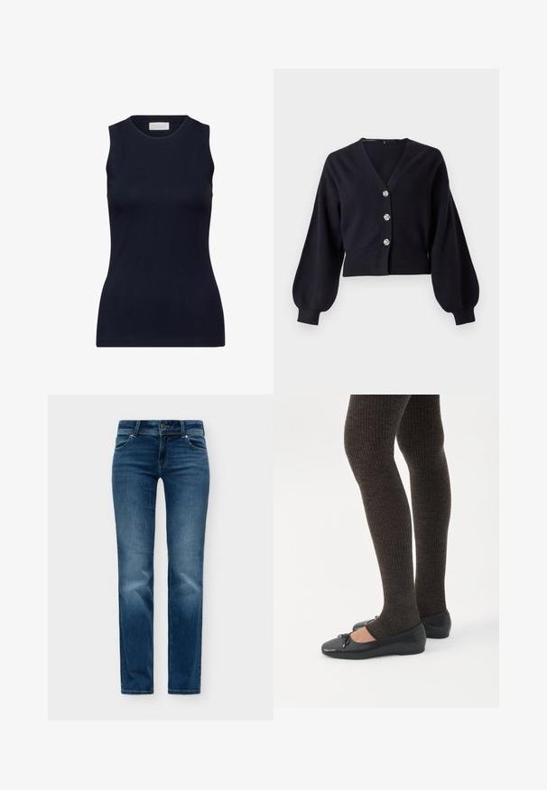 Sort cropped cardigan med ballonærmer og tre dekorative sølvknapper foran på en hvid baggrund.; Marineblå ærmeløs top lavet af glat bomuld, med en rund halsudskæring og en tætsiddende pasform uden pynt. Afslappet og alsidig.; Blå denimjeans med klassisk fem-lomme design, knap- og lynlåslukning og let falmning på forsiden af lårene og knæene.; Ben iført mørke ribbede leggings kombineret med sorte balletsko med små sløjfedetaljer på hvid baggrund.