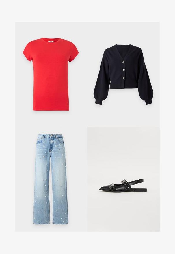Cardigan noir court avec des manches ballon et trois boutons décoratifs en argent sur le devant, sur fond blanc.; T-shirt rouge manches courtes col rond avec coupe slim, texture lisse, sans logos ni motifs visibles sur fond clair.; Jean large de couleur bleu clair orné de perles et de perles en forme de fleur dispersées sur le tissu, bouton avant et poches visibles.; Even&Odd by Zalando Ballerines à brides arrière - black