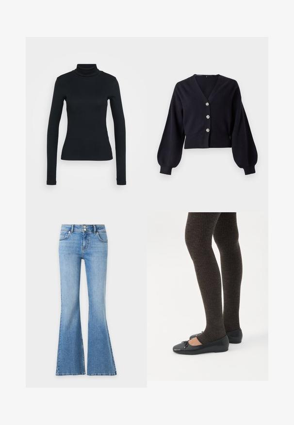 Sort cropped cardigan med ballonærmer og tre dekorative sølvknapper foran på en hvid baggrund.; Sort langærmet ribbestrikket sweater med høj hals og tætsiddende silhuet på en lys ensfarvet baggrund.; Lyseblå denimjeans med vide ben, to lommer foran og bagpå og dobbelt knaplukning i taljen.; Ben iført mørke ribbede leggings kombineret med sorte balletsko med små sløjfedetaljer på hvid baggrund.