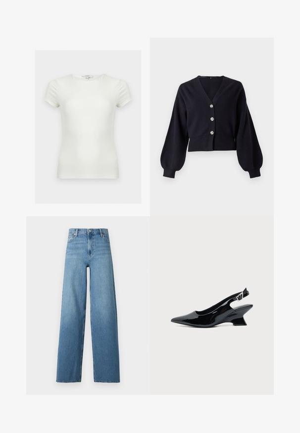 Cardigan noir court avec des manches ballon et trois boutons décoratifs en argent sur le devant, sur fond blanc.; T-shirt ajusté blanc uni à manches courtes avec encolure ronde, présenté sur un fond neutre.; Jean en denim bleu taille haute avec jambes larges, fermeture avant à bouton et fermeture éclair, et design classique à cinq poches.; Chaussure slingback en cuir verni noir avec bout pointu et petit talon bloc incliné sur fond clair uni.