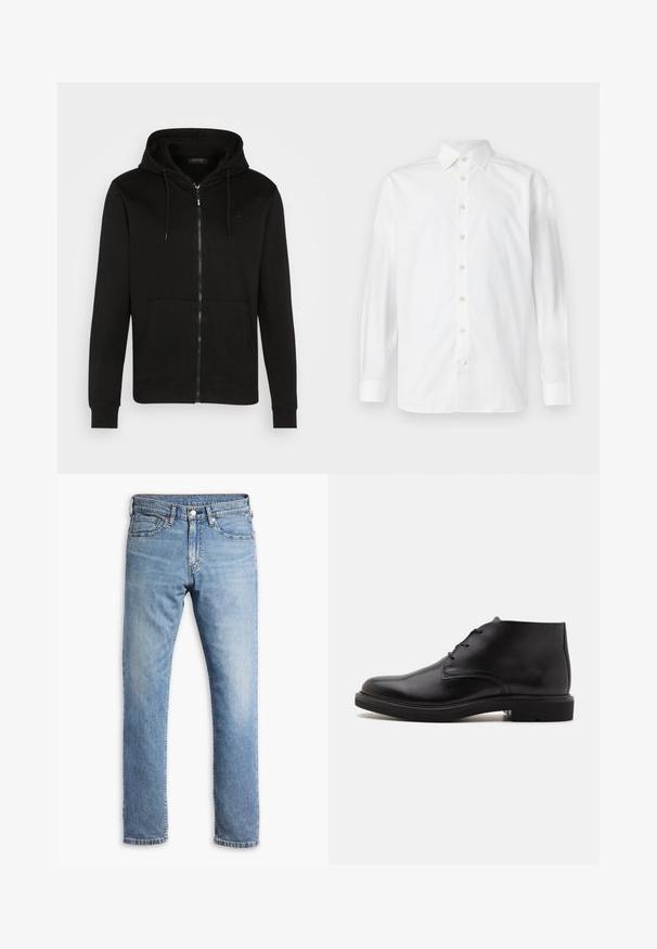 Schwarze Kapuzenjacke mit Reißverschluss aus weichem Stoff. Verfügt über eine verstellbare Kapuze, Fronttaschen sowie gerippte Bündchen und Saum. Dezentes Logo auf der Brust.; Weißes langärmeliges Hemd mit Knopfleiste, verbreitetem Kragen und geknöpften Manschetten, auf weißem Hintergrund dargestellt.; Helltürkise Jeans aus Denim mit geradem Bein, fünf Taschen, kontrastierenden Nähten und einem Knopf- sowie Reißverschlussverschluss an der Taille.; Schwarzer Lederknöchelstiefel mit drei Ösen, abgerundeter Spitze und flacher Sohle auf einfachem hellem Hintergrund.