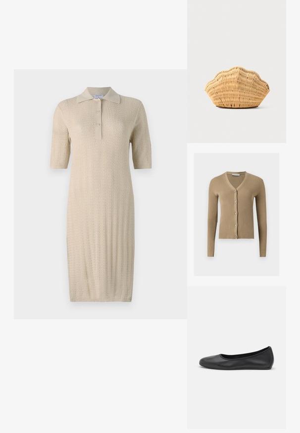 Cardigan beige en maille côtelée avec encolure en V, manches longues et cinq boutons à l'avant.; Robe tricotée crème à manches courtes, col polo et patte de boutonnage. Présente un motif texturé courant verticalement le long du tissu.; Ballerines en cuir noir avec un bout rond, texture lisse, détails de couture minimalistes et design de semelle flexible.; Sac à main en rotin tissé en forme de coquille Saint-Jacques de couleur brun clair naturel avec des bords arrondis et texturés.
