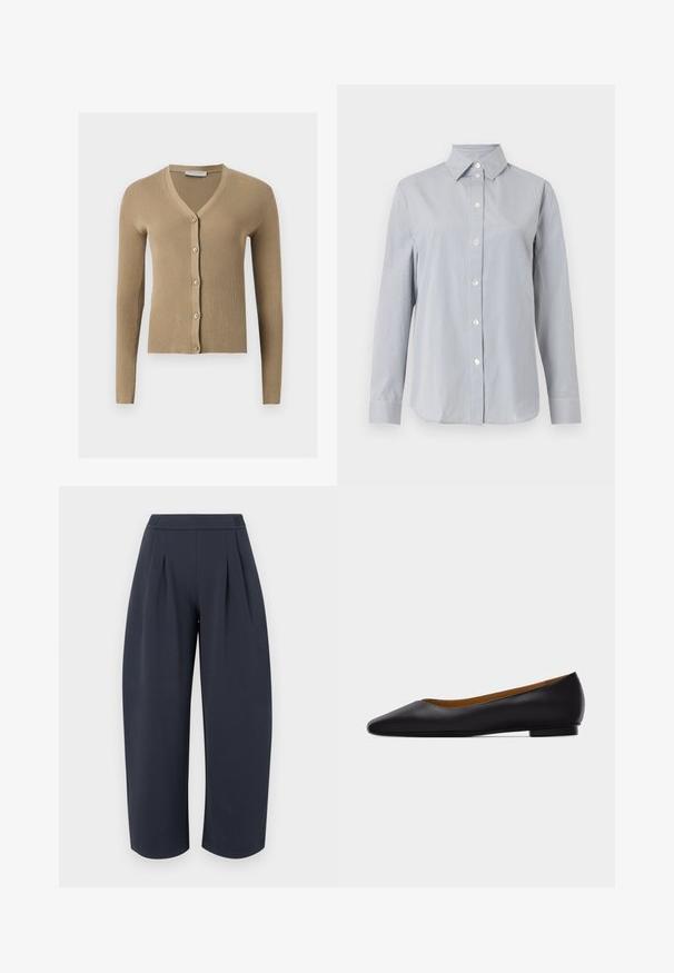 Cardigan beige en maille côtelée avec encolure en V, manches longues et cinq boutons à l'avant.; Chemise gris clair à manches longues avec fines rayures blanches verticales, fermeture boutonnée à l'avant, col pointu et poignets assortis sur fond uni.; Pantalon large et court couleur bleu marine foncé avec taille haute et plis à l'avant, présenté sur un fond clair uni.; Chaussure plate en cuir noir à bout pointu avec talon bas et finition lisse, vue de côté sur un fond gris clair.