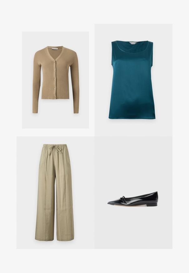 Cardigan beige en maille côtelée avec encolure en V, manches longues et cinq boutons à l'avant.; Blouse sans manches en satin turquoise avec encolure arrondie et texture de tissu lisse et brillante, posée à plat sur un fond blanc.; Pantalon beige à jambes larges avec taille élastique et lien à l’avant, en tissu léger pour un usage décontracté.; Chaussure plate en cuir verni noir avec un bout pointu, une petite lanière décorative et un petit talon carré. Texture lisse et design épuré.