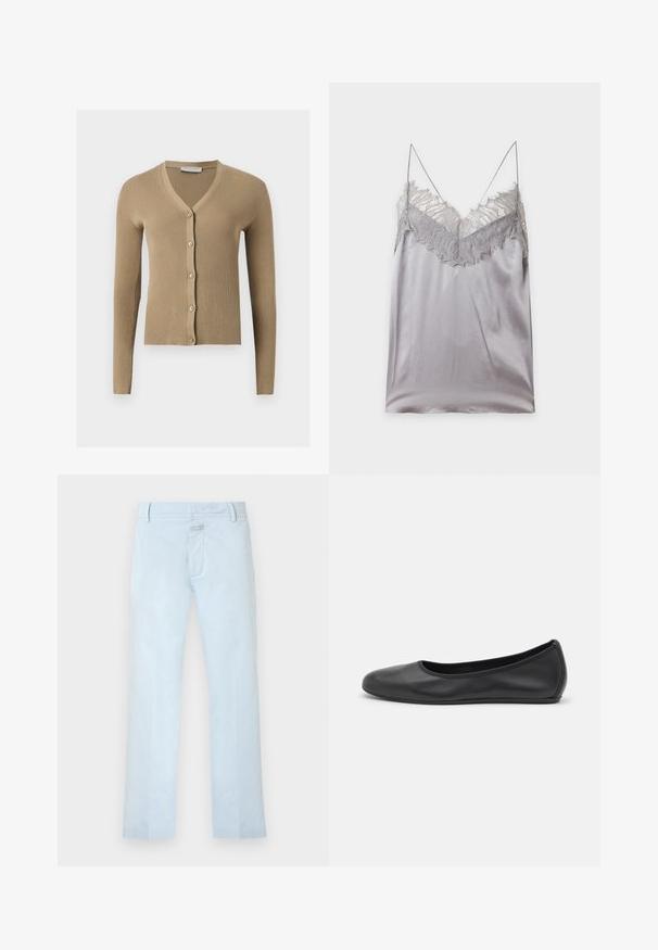 Cardigan beige en maille côtelée avec encolure en V, manches longues et cinq boutons à l'avant.; Caraco en satin argenté avec bordure en dentelle le long du décolleté en V et fines bretelles spaghetti sur un fond uni.; Pantalon bleu clair à jambes droites avec poches avant, passants de ceinture, et fermeture dissimulée par bouton et zip.; Ballerines en cuir noir avec un bout rond, texture lisse, détails de couture minimalistes et design de semelle flexible.