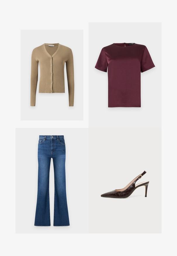 Cardigan beige en maille côtelée avec encolure en V, manches longues et cinq boutons à l'avant.; Haut bordeaux à manches courtes avec un col rond, texture lisse semblable à du satin, et une fermeture éclair au dos. Sans motifs ni ornements.; Jean en denim bleu taille haute avec fermeture à boutons, poches avant, et jambes larges légèrement évasées sur fond blanc.; Escarpin slingback en cuir brun foncé à texture crocodile, bout pointu et talon stiletto de hauteur moyenne sur fond uni.