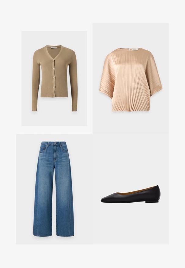 Beige Rippenstrick-Cardigan mit V-Ausschnitt, langen Ärmeln und fünf vorderen Knöpfen.; Beige kurzärmelige Bluse mit vertikalen Falten, rundem Ausschnitt und einem Reißverschluss am Rücken.; Hellebluejeans mit weitem Bein und mittlerem Wasch-Effekt, mit hoher Taille, fünf Taschen und subtilen Abnutzungen. Aus Denim mit einer glatten Textur gefertigt.; Schwarzer flacher Schuh aus Leder mit spitz zulaufender Vorderkappe, niedrigem Absatz und glatter Oberfläche, von der Seite vor einem hellgrauen Hintergrund dargestellt.