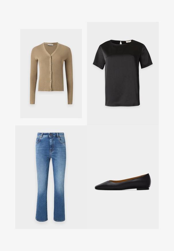 Cardigan beige en maille côtelée avec encolure en V, manches longues et cinq boutons à l'avant.; Blouse courte noire en satin, col rond et petite fermeture à bouton œillet au dos.; Jean en denim bleu taille haute avec jambes légèrement évasées, cinq poches, fermeture par bouton et décoloration subtile sur le devant.; Chaussure plate en cuir noir à bout pointu avec talon bas et finition lisse, vue de côté sur un fond gris clair.