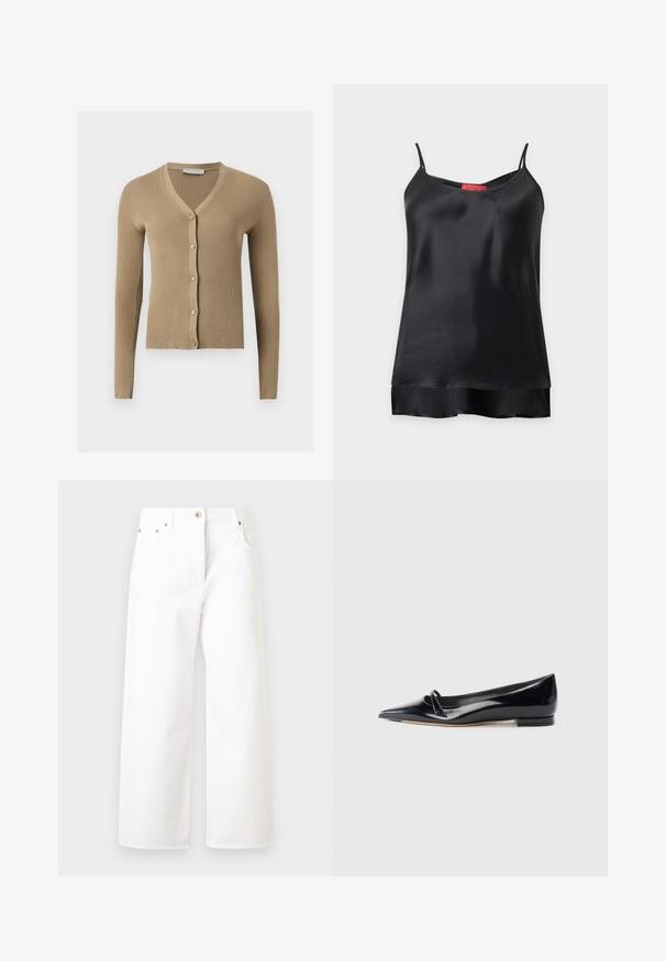 Cardigan beige en maille côtelée avec encolure en V, manches longues et cinq boutons à l'avant.; Top camisole sans manches en satin noir avec fines bretelles et ourlet superposé sur fond blanc.; Jean blanc taille haute à jambes larges avec fermeture par boutons et zip, poches avant, et détails en rivets de cuivre.; Chaussure plate en cuir verni noir avec un bout pointu, une petite lanière décorative et un petit talon carré. Texture lisse et design épuré.