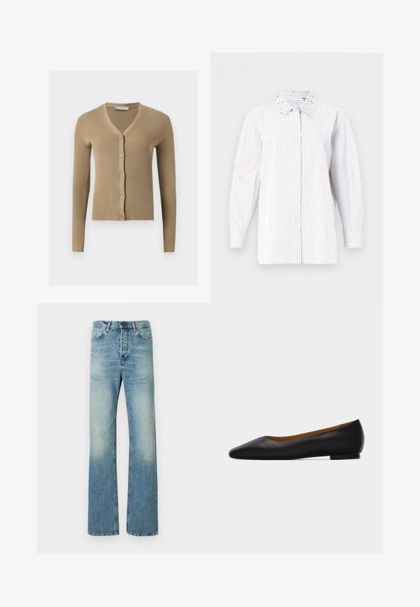 Beige ribbestrikket cardigan med V-hals, lange ermer og fem knapper foran.; Hvit langermet skjorte med knapper, tynne vertikale grå striper og dekorative detaljer på kragen, vist på en ensfarget bakgrunn.; Lyseblå denimjeans med høy midje, vide ben og subtil falming. Har detaljer med søm og standard knappelukking.; Svart skinnsko med spiss tå, flat såle og lav hæl, med glatt finish, vist fra siden på en lys grå bakgrunn.